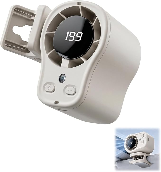 Portable Clip on Air Conditioner Fan for Car with LED Display, 360° Rotation 199 Speeds Mini Cooling Fans, USB Rechargeable Personal Fan for Car Vehicle, Travel, Stroller, Office, Camping-White by Unknown
