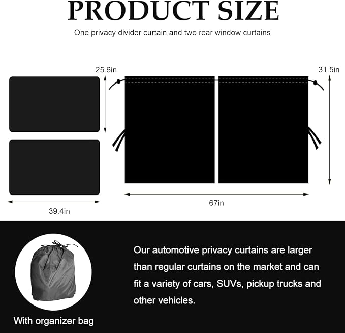 3PCS Car Privacy Curtain, Vehicle Blackout Divider Curtain with 2 Rear Side Window Shades, Car Sunshade Screen Cover Blocks Light for Sleeping Camping Fit Sedan SUV Truck - Image 2