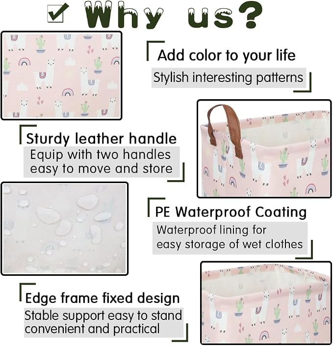 FXOLCSHE Rectangular Pink Alpaca Basket,Collapsible waterproof nursery laundry basket,Toy nursery, kids clothes gift basket with handles,Kids Room Decor(Alpaca) - Image 6