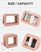 2 Pcs Travel Clear Makeup Bag Set, Clear Pink Makeup Organizer with Zipper Leather Travel Bags for Toiletries Small Cosmetic Bags for Women Mini Make up Pouch Toiletry Bags Car Essentials - Image 4