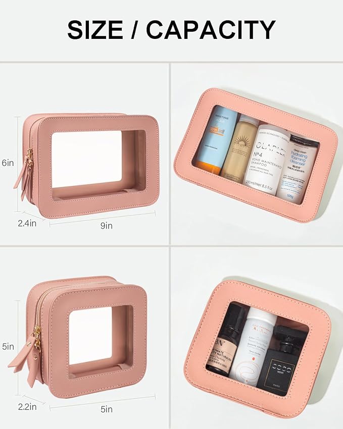 2 Pcs Travel Clear Makeup Bag Set, Clear Pink Makeup Organizer with Zipper Leather Travel Bags for Toiletries Small Cosmetic Bags for Women Mini Make up Pouch Toiletry Bags Car Essentials - Image 4