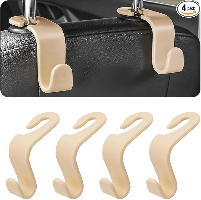 4 Pack Car Seat Headrest Hooks for Vehicle Seats, Beige | rear-row hanging storage, supports bags coats and groceries, fits matching headrest posts, interior accessory by Hanemia