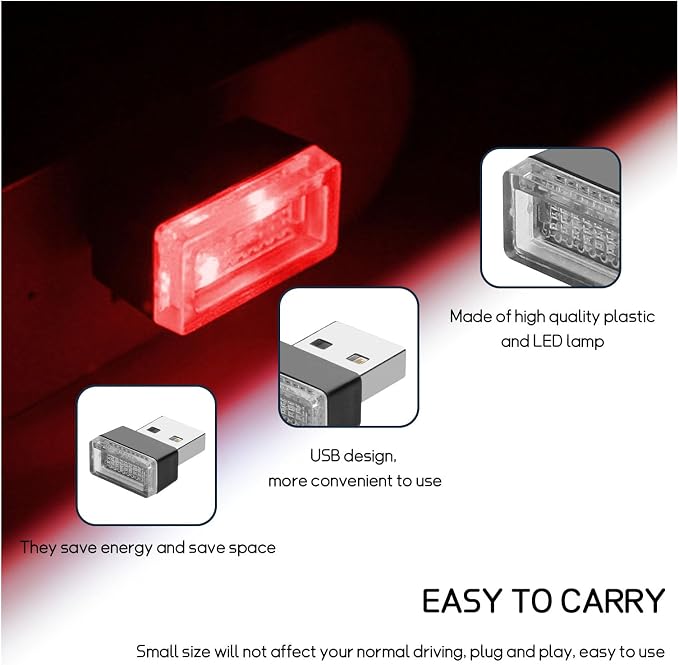Dickno 4 PCS USB LED Car Interior Atmosphere Lamp, Portable Mini LED Night Light, Plug-in USB Interface Trunk Ambient Lighting Kit, Universal Vehicle Interior Accessories (Red) - Image 3