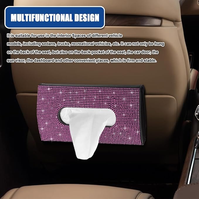 Bling Car Sun Visor Tissue Box Holder, Visor Accessories, Rhinestone PU Leather Crystal Sparkling Napkin Holder, Auto Sun Visor Paper Towel Cover Case Accessories for Most Cars (Pink) - Image 6