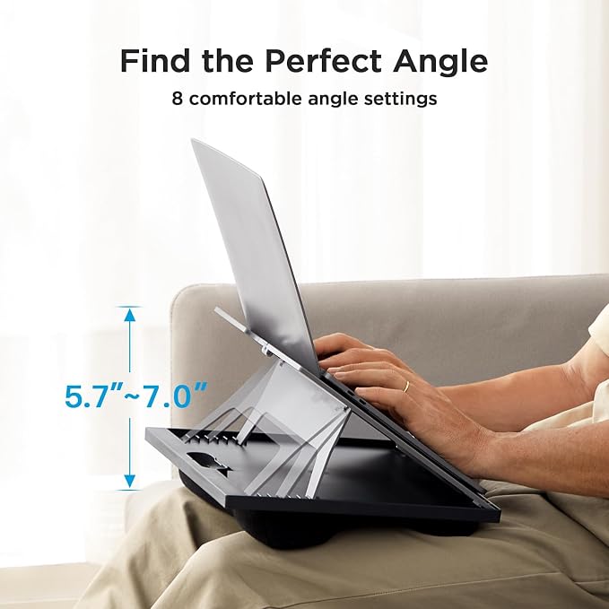 HUANUO Lap Desk with 8 Adjustable Angles – Up to 15.6" Laptop, Black | Dual-cushion base, carry handle, 30% thicker for durability, wider anti-slip ledge, for home office, sofa, bed, car - Image 2