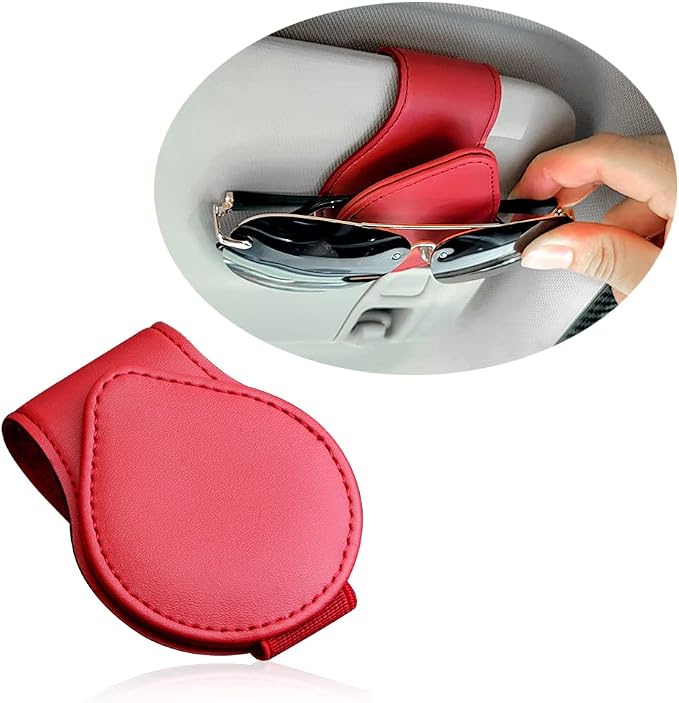 OFBAND Magnetic Sunglass Holder for Car Visor,PU Leather Car Sunglass Holder Organizes Glasses Tickets Cards & Keeps Car Tidy,Universal Car Accessories Interior (Red) by OFBAND