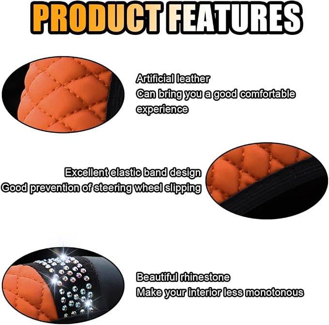 JOYCOURT 15 Inch Bling Soft Leather Car Steering Wheel Cover, Orange | Colorful Rhinestones Design, Auto Elastic Protector for Women Girls, Crystal Diamond Car Accessories for Most Cars, SUVs - Image 4