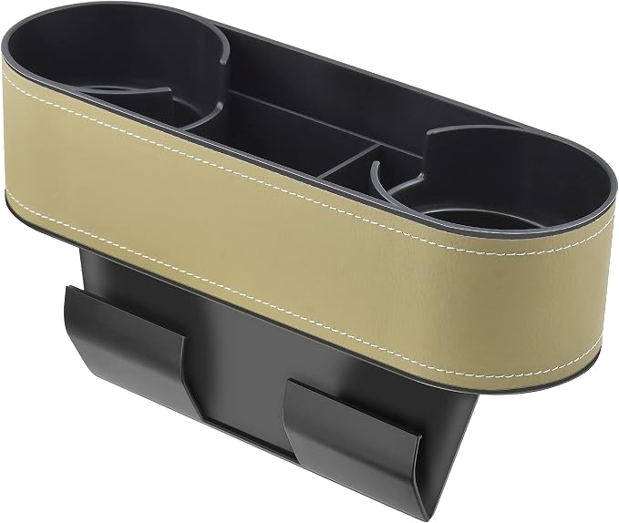 IOKONE Console Side Pocket, Cup Holder for Car, Easy Install, Slim Beige | PU Leather Cover, Dual Cup Holders, Car Seat Gap Filler Organizer, Side Pocket Storage, Universal Fit, Car Coin Holder by IOKONE