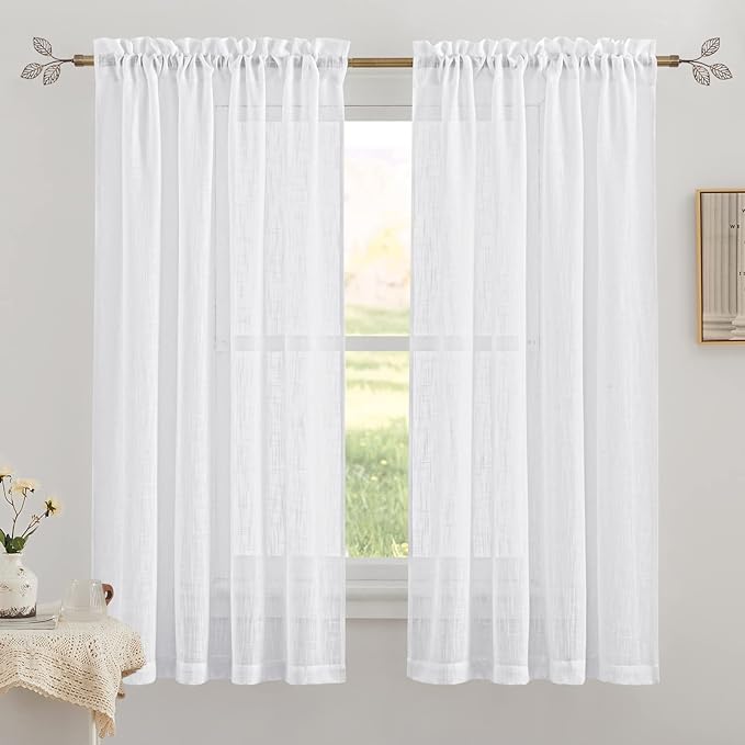RYB HOME White Semi Sheer Curtains 63 inches Long for Bedroom | Linen Textured Blend, Privacy, Light Airy Sheers, Light Filtering for Bathroom Living Room Cafe, White, W70 x L63, 2 Panels by RYBHOME