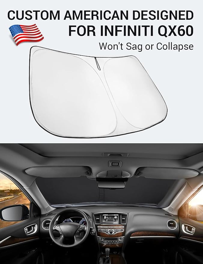 Proadsy Custom Fit Car Windshield Sun Shade for 2014-2021 Infiniti QX60 | 240T Heat Shield, Drops Temp 54°F, Blocks 99% UV, Prevents Dashboard Cracking, Summer Parking & Beach Trips, Easy Twist-Fold - Image 2