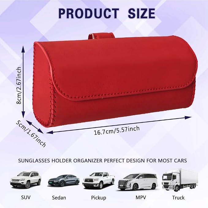 Sunglasses Holder for Car Sun Visor, Sunglass Organizer for Car, Magnetic Leather Eyeglasses Protective Storage Case, Waterproof Glasses Organizer Visor Accessories for Vehicles (Red) - Image 2