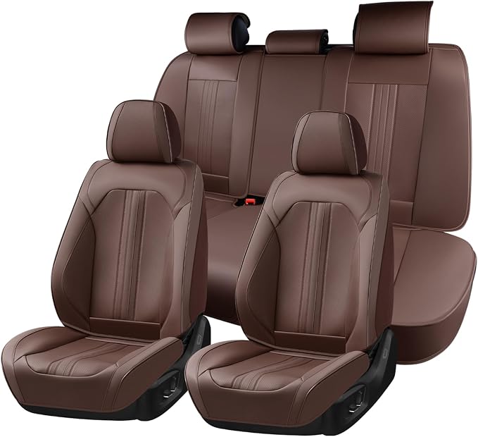 Huidasource Coffee Seat Covers, Luxury Faux Leather Car Seat Cover, Velcro Adjustable, with Airbags, Child Seat, Perforation Cooling＆Heating, Universal Fit for Most Cars, Vans, Trucks, SUVs, Coffee by Huidasource