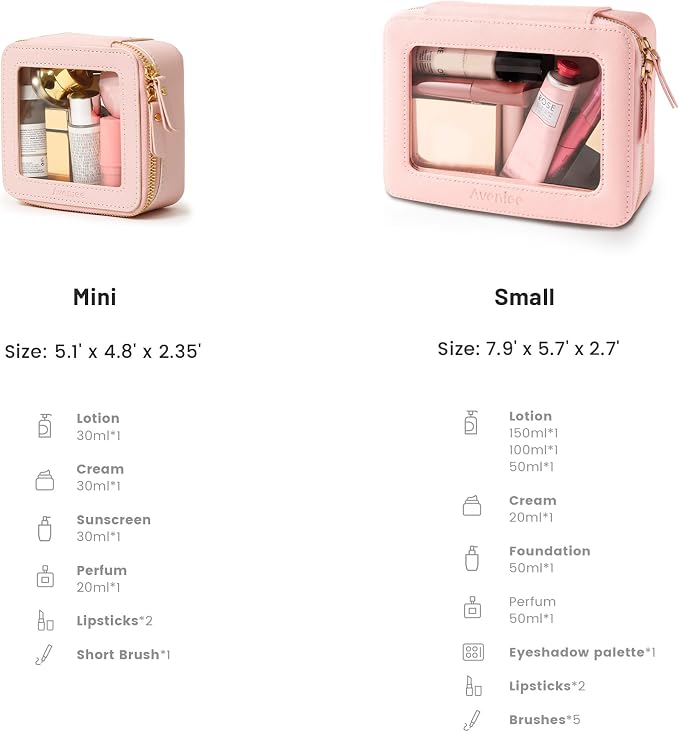 Aveniee Clear Makeup Bag Set (2-Piece Mini & Midi) - Travel Toiletry Organizer for Women, Waterproof Cosmetic Pouch & Car Accessory for Travel Size Toiletries, Pink - Image 2