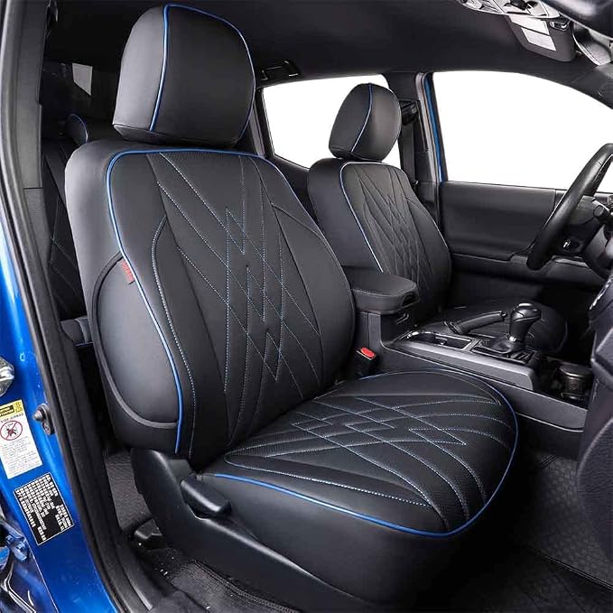 EKR Tacoma Seat Covers Custom Fit for Toyota Tacoma 2016 2017 2018 2019 2020 2021 2022 2023 Double Cab/Crew Cab -Truck Seat Covers for Car Full Set,Faux Leather (Black with Blue Trim) by EKR