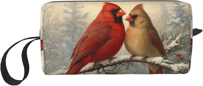Cardinal Pair on Snowy Pine Makeup Bag for Women, Cosmetic Pouch | Double-Sided Winter Cardinal Cosmetic Organizer with Foam Padding for Women, Travel, Gym, School, and Daily Storage by OLUSENMO