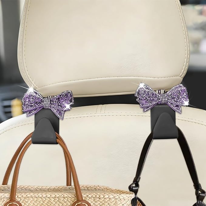 Zpana Bling Car Headreat Hook, 2PCS Crystal Rhinestone Cute Bow Vehicle Seat Back Hanger Storage for Purses Bags Grocery, Diamond Auto Rear Seat Organizer, Universal for SUV Truck Sedan (Purple) - Image 6