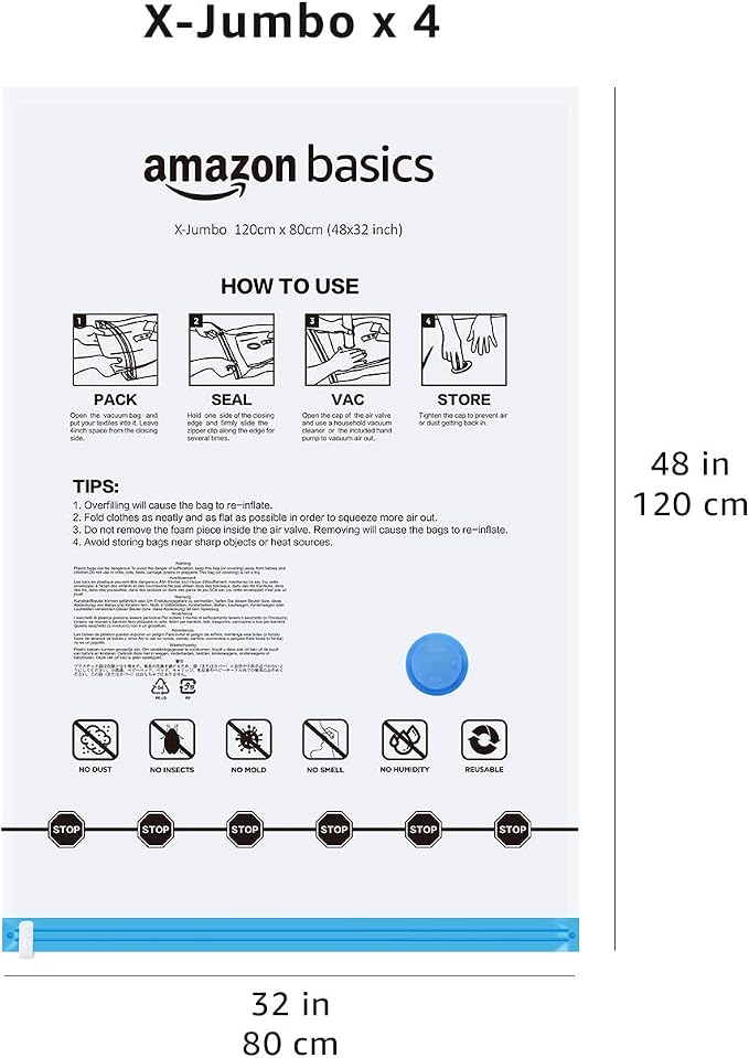 Amazon Basics Vacuum Storage Bags for Blankets, Vacuum Compression Space Saving Storage Bags with Hand Pump for Clothes Packing, X-Jumbo, 4-Pack - Image 6