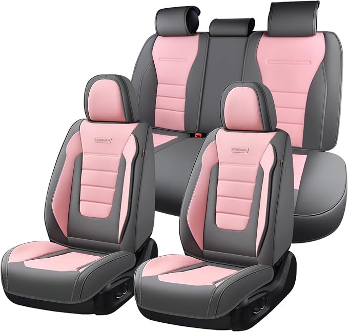 Coverado Car Seat Covers Full Set, Nappa Leather Seat Covers for Cars, Car Seat Protector Car Seat Cushion, Front and Back Seat Protectors Cushions Universal Fit for Most Cars Vehicles(Gray&Pink) by COVERADOAUTO