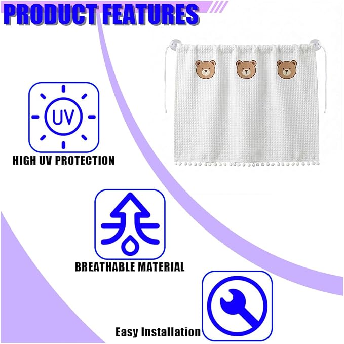 Cute Car Window Shades, 27" x 20" Automotive Side Window Privacy Curtains with Suction Cup, Sun Blackout UV Protection Car Camping Windows Screen Shades for Baby, Pet (Bear) - Image 6