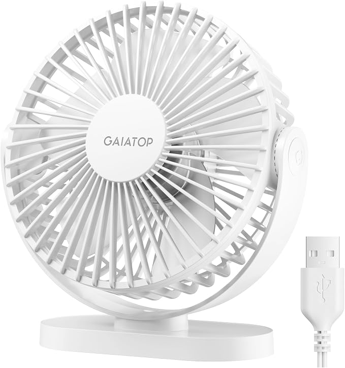 Gaiatop USB Desk Fan, 5.5 Inch Quiet 3 Speeds Small Portable Fan White | USB Powered, 5ft Cable, Mini Personal Desktop Table Fans, Powerful Cooling for Home, Office, Travel, Car, Indoor, Outdoor by GAIATOP