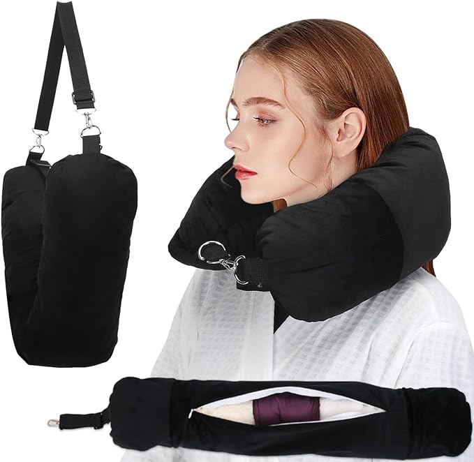 Stuffable Neck Pillow for Travel, Packable Neck Pillow (Black) | Velvet cover, Stuff with clothes to save luggage space, No extra baggage fees, Fits 5+ days travel essentials, Zipper closure by NK+HealthCare