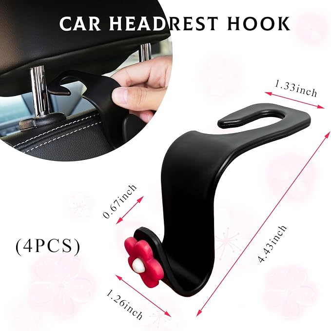 Yourkar 4 PCS Car Seat Headrest Hook, Plastic Headrest Hooks with Adhesive Flower, Auto Back Seat Hanger Storage Hook for Grocery Bag Purse Handbag Umbrella, Car Accessories (Red) - Image 2
