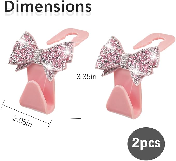 Zpana Bling Car Headreat Hook, 2PCS Crystal Rhinestone Cute Bow Vehicle Seat Back Hanger Storage for Purses Bags Grocery, Diamond Auto Rear Seat Organizer, Universal for SUV Truck Sedan (Pink) | PVC construction, rhinestone bow design, compact rear sea... - Image 2