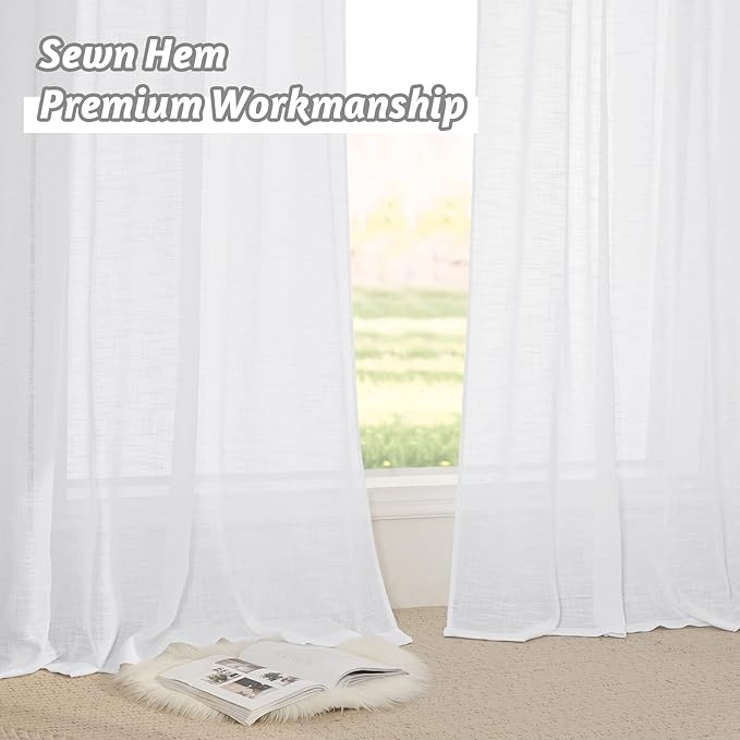 RYB HOME White Semi Sheer Curtains 84 inches Long for Living Room | Half Privacy, Linen Textured, Sheer Light Filtering, Vertical Window Drapes, for Bedroom Dining, White, W52 x L84, 2 Panels - Image 8