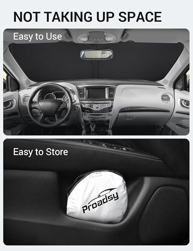 Proadsy Custom Fit Car Windshield Sun Shade for 2014-2021 Infiniti QX60 | 240T Heat Shield, Drops Temp 54°F, Blocks 99% UV, Prevents Dashboard Cracking, Summer Parking & Beach Trips, Easy Twist-Fold - Image 9
