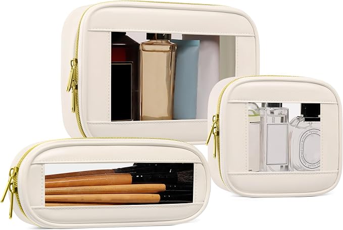3-Piece Travel Clear Makeup Bag Set, Small Cosmetic Bag with Makeup Brush Case, Leather Waterproof TSA Approved Toiletry Bag with Zipper, Car Organization for Women (Beige-2, Mini+Slim+Medium) by JRQCSJY
