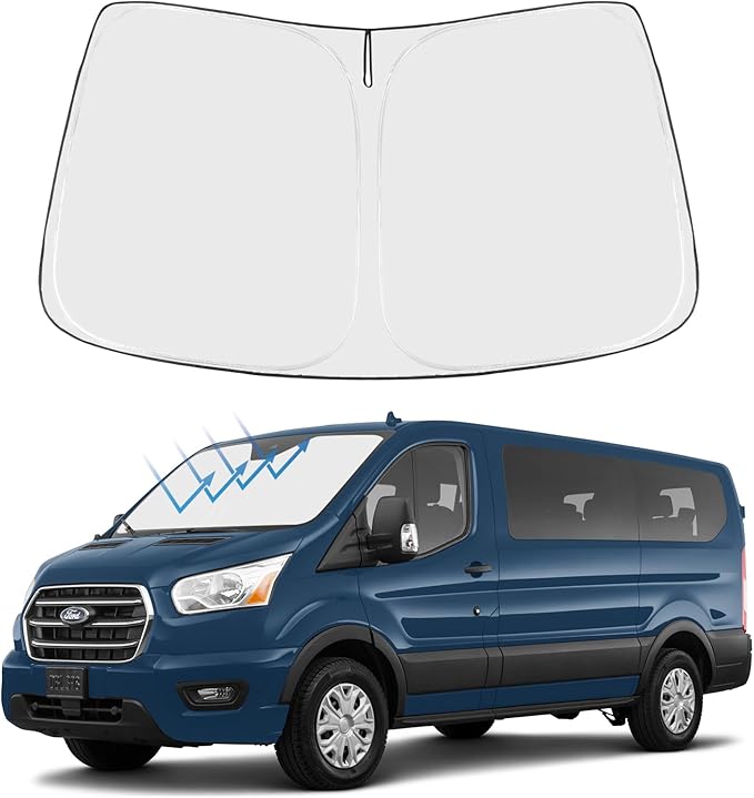 Proadsy Custom Fit 2015-2026 Ford Transit Windshield Sun Shade, Blocks Heat | 240T Heat Shield, Drops Temp 54°F, Blocks 99% UV, Prevents Dashboard Cracking, Summer Parking & Beach Trips, Easy Twist-Fold by Proadsy