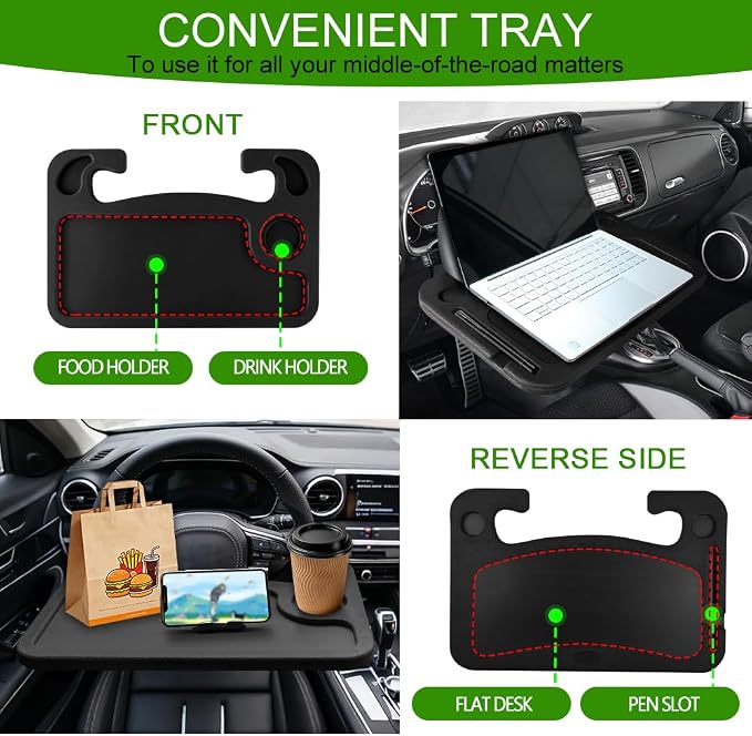 Car Steering Wheel Desk, Portable Car Tray, Durable Multi-Functional Travel Workstation with Cup Holder, Car Essentials Portable Laptop Tray & Eating Table for Most Vehicles Road Trip (Black) - Image 4