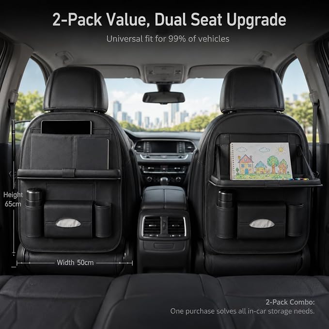 2 Pack Leather Look Car Backseat Organizer with Tablet Holder, Foldable Tray, 8 Storage Pockets, Cup Holder, Tissue and Umbrella Slots, Seat Back Protector Kick Mat for Cars SUVs Trucks - Image 9