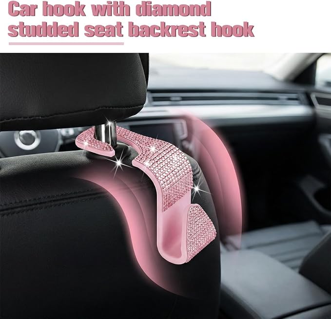 4PCS Bling Car Seat Headrest Hook, Crystal Rhinestone Backseat Hanger Organizer for Purse Handbag Umbrella, Shiny Auto Interior Seat Back Storage Holder Hook, Universal Fit (Pink2) - Image 5