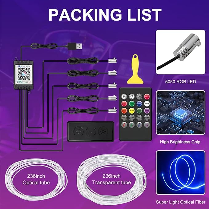 Car LED Interior Strip Lights, TEKSHINNY RGB Car Interior LED Light Wireless APP Button Remote Control, 5 in 1 Fiber Optic Ambient Lighting Kit with 236 Inches, EL Wire Lights for Car Inside - Image 5