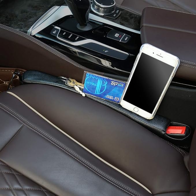 Supin 2 Prices Car Seat Gap Filler Pad PU Leather Console Side Pocket Organizer and one Cup for Cellphone Wallet Coin Key (Black) - Image 2