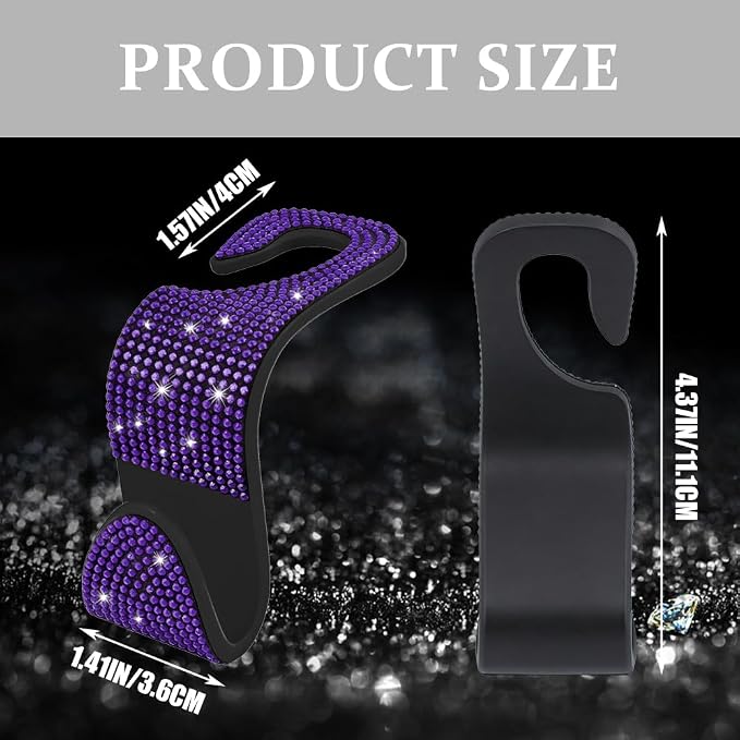 4PCS Bling Car Seat Headrest Hooks, Purse Holder for Car, Vehicle Back Seat Purse Handbag Hanging Holder with Crystal Rhinestone, Diamond Car Rear Seat Organizer for Vehicles (Purple) - Image 2