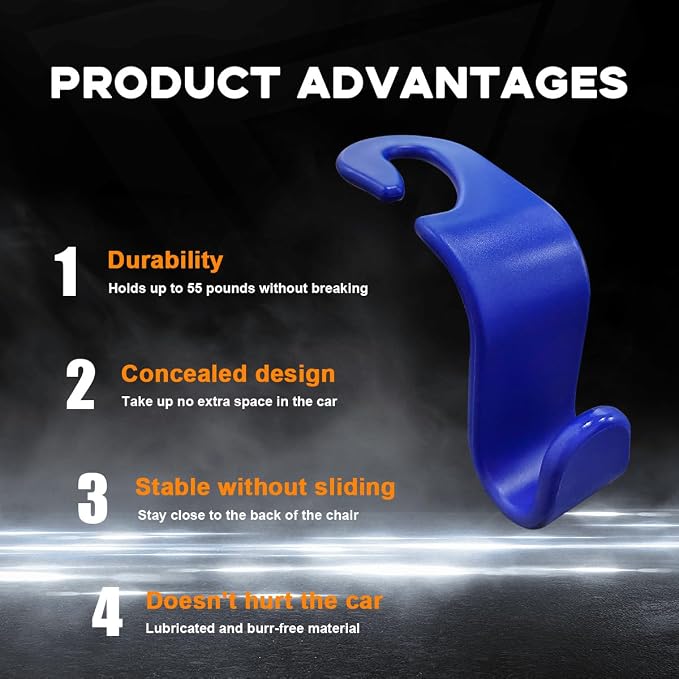 povtii 4PCS Car Seat Headrest Hook, Auto Back Seat Hanging Storage Organizer, Vehicle Seatback Hanger Holder for Purse Handbag Coat Umbrella, Universal Interior Car Accessories (Dark Blue) - Image 3