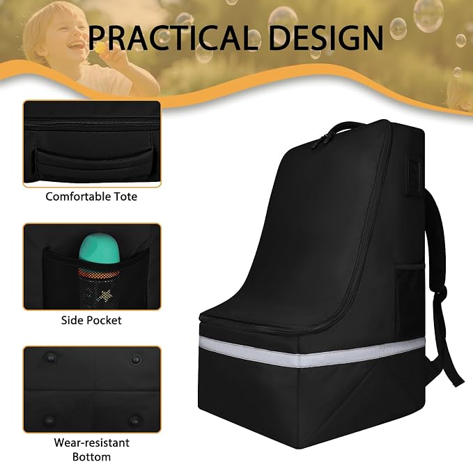 LARIPOP Car Seat Travel Bag for Airplane, Universal Gate Check Car Seat Bag, Padded Backpack with Waist Belt, Reflective Strips & Protective Feet, Fits Infant Convertible Booster Seats, Black - Image 5