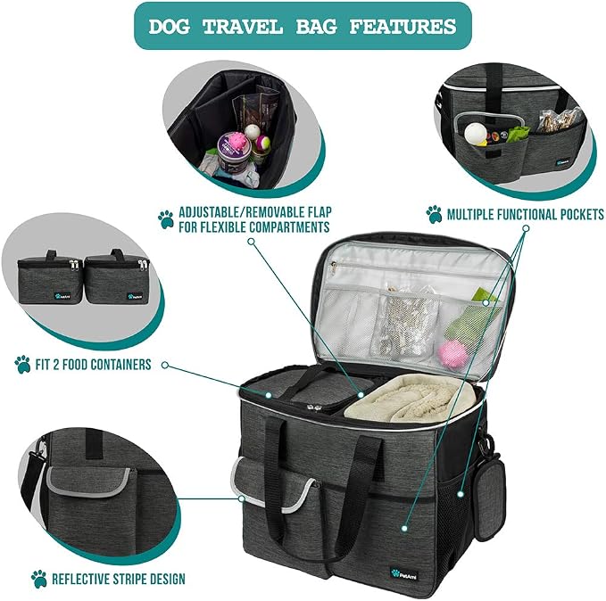 PetAmi Dog Travel Bag Organizer, Pet Supplies Diaper Tote, Dark Gray Large | Pet Travel Kit with 2 Food Containers & 2 Collapsible Dog Bowls, Luggage Sleeve, Weekend Getaway Road Trip Camping Essentials - Image 4
