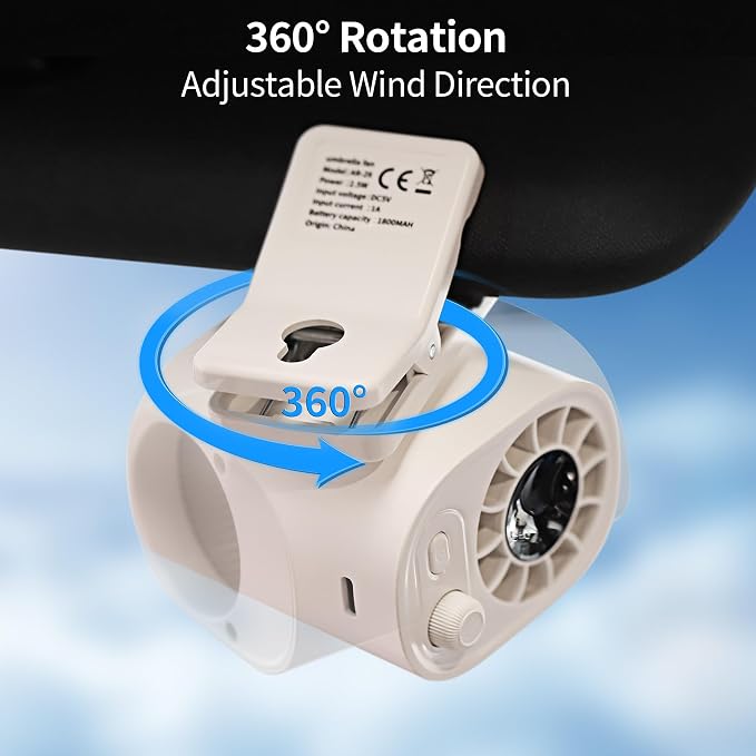 EVADA Car Clip On Fan with LED Display, 360° Rotating, 100 Speed Adjustable, Portable USB Rechargeable 1800mAh Battery Personal Cooling Mini Fan Handheld for Summer, Office, Outdoor, Travel - White - Image 2