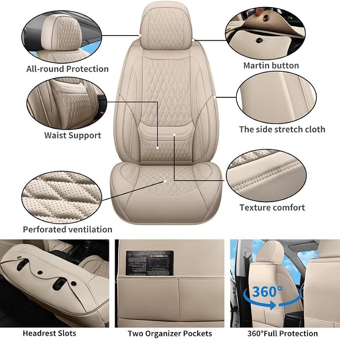 Car Seat Covers Full Set Custom Fit For Lexus IS250 2006-2015, Beige | Lumbar Support, Premium Faux Leather, Breathable, Anti-Slip, Airbag Compatible, Waterproof, Car Seat Protectors, 2 Row-5Seat - Image 2