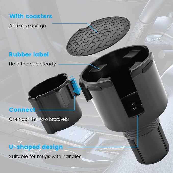 2-in-1 Car Cup Holder Expander, Adjustable Car Extender Adapter with Non-Slip Base - No Spill Cup Holder Extender with 4 Hooks for Yeti, Hydro Flask, Stanley Large Tumblers (10-48oz) - Image 5