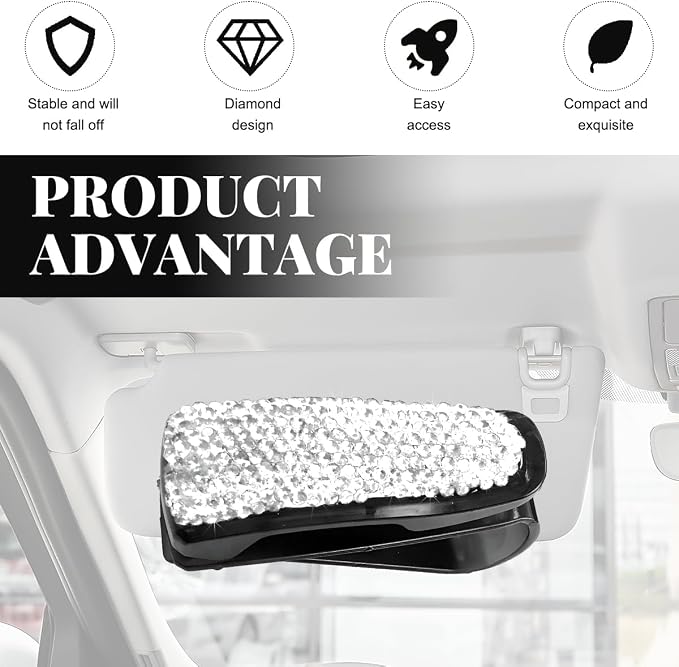 Wevdn 2 PCS Car Sun Visor Glasses Holder, Fashion Bling Car Eyeglasses Sunglasses Hanger for Women Girls, Glasses Holder Clip Hanger Mount with Ticket Card Clip, Car Accessories (White) - Image 4