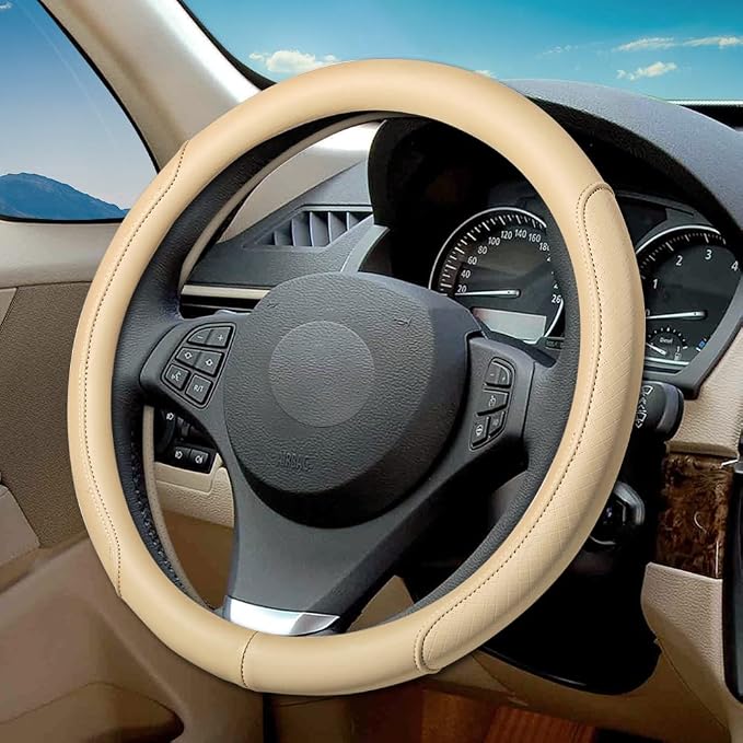 Microfiber Leather Steering Wheel Cover with Classic Embossing, Anti-Slip Breathable Auto Car Wheel Protector, Fit 15 Inch (Beige) by VARGTR