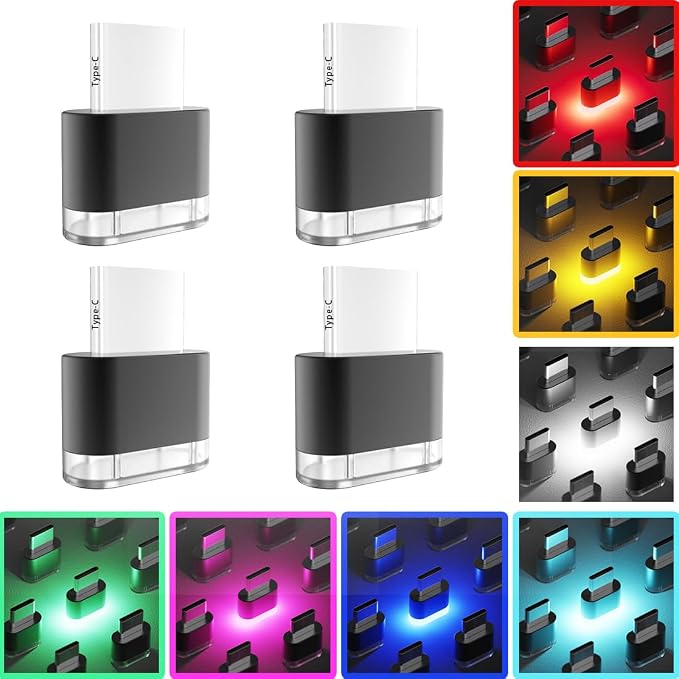 Type-C Adapters Atmosphere Light 4-Pack Universal Plug-in Miniature LED Night Light for Car Interior and Trunk Ambient Lighting Armchair lamp (Pink) - Image 8