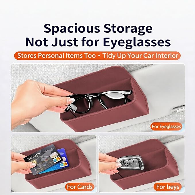 Magnetic Car Sunglasses Holder - Beige Nappa Visor Glasses Case | One-Handed Eyeglass Clip for Large Frames heat-resistant storage for aviators & cards,damage-free,vanity mirror friendly - Image 2