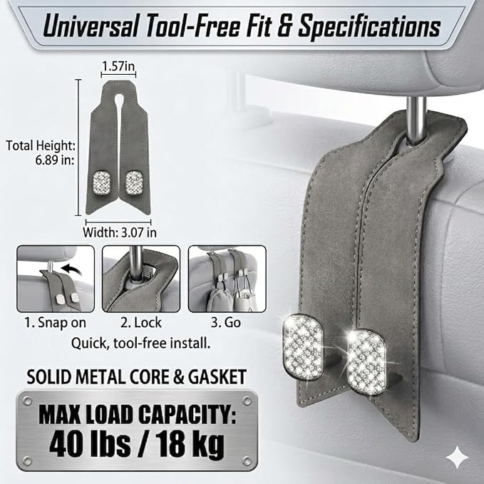 2 Pack Bling Car Headrest Hooks, Purse Hangers, Crystal Gray | Sparkling rhinestones, premium leather, and dual metal hooks add style while holding purses, bags, coats, and groceries. - Image 8
