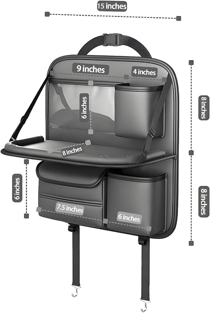 Universal Premium Leather Foldable Car Backseat Organizer with Table Tray, Seat Back Protector with Touch Screen Pad Phone Holder, Car Storage Pockets Tissue Holder with School Bags Hooks - Image 6