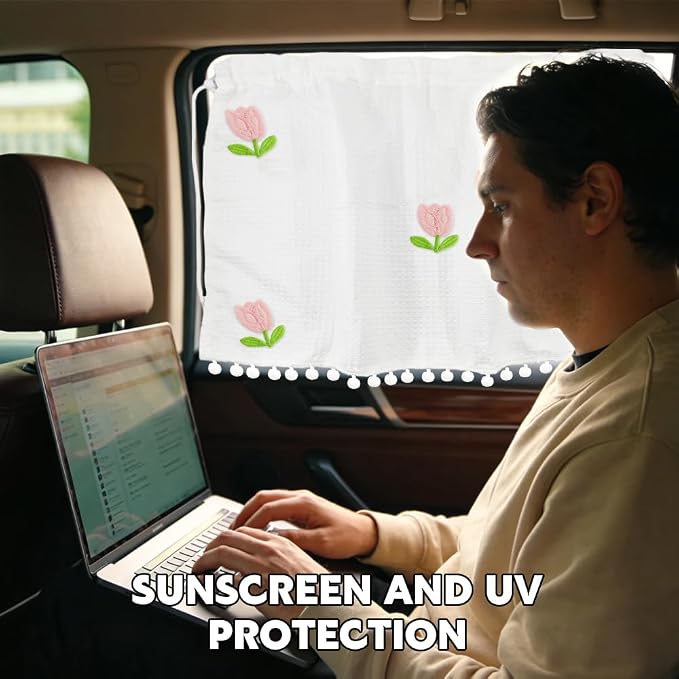 Car Side Window Sun Shade Privacy Curtain for Baby, Car Window Screen, 25"x18" Sun Protection Curtain, Blackout UV Protection Window Shades with Suction Cup for Back Seat (Five Tulips) - Image 5